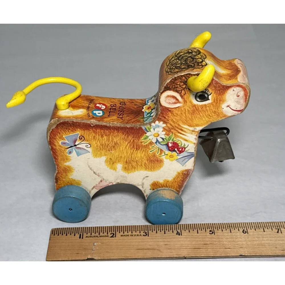 Fisher Price Vintage 1960s Bossy Bell Wooden Cow Pull Toy Tail Spins Cow Bell